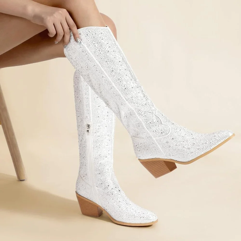 Women's White Rhinestone Cowboy Boot Knee High Western Cowgirl Boots Pointed Toe